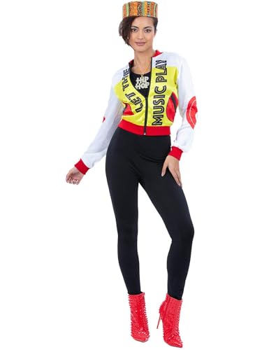 Smiffys Women’s Push It Pop Queen Costume, Retro Bomber Jacket, “Let the Music Play” Print and Matching Patterned Hat, Fancy Dress Outfit for 80s 90s Parties Festivals, Small