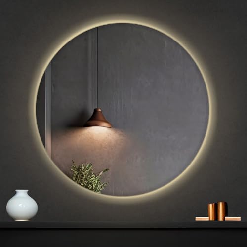 mangatta. Espejo Circular, luz LED cálida, Desde 50 hasta 120 cm de diámetro, 6 mm, Acabado en Canto Pulido, Soporte de Carga de Acero
