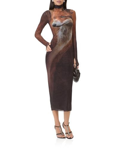 AFRM Women's Shailene Turtleneck Long Sleeve Mesh Bodycon Midi Dress, Foxy Face…
