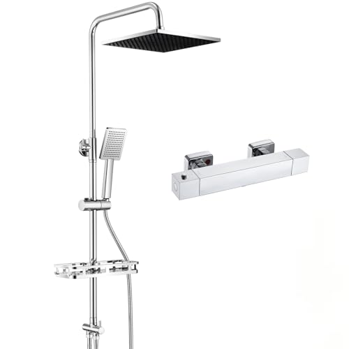 Auralum Duschsystem mit Thermostat, quadratische Regendusche & Ablagefläche, Edelstahl Duschset Chrom, 38°C Sicherheitssperre & Verbrühungsschutz, gro