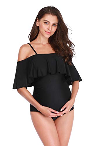 Maternity Bikinis Tankini Off Shoulder Flouncing Swimsuit One Piece Beachwear Black S
