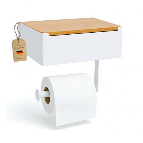 31p4GChab4L Pandonix® Toilettenpapierhalter Mit Feuchttücherbox - Edelstahl &Amp; Bambus - Toilettenpapierhalter Ohne Bohren - Weiß - Klopapierhalter Mit Feuchttücherbox