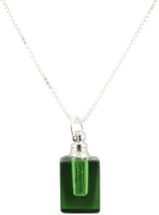 Green Glass Essential Oil Diffuser Necklace on Sterling Box Chain, #6619 (20 Inches)