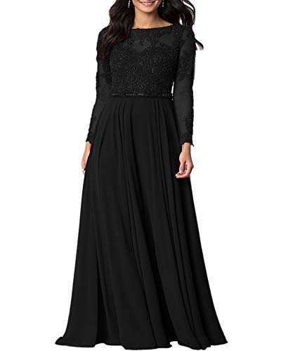 Aofur Womens Long Sleeve Chiffon Party Evening Dress Formal Wedding Prom Cocktail Ladies Lace Maxi Dresses (X-Large, Black)