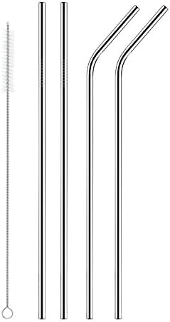 Rainice Stainless Steel Straws, Drinking Metal Straws use for Bar Restaurant Tea Shop Home Party Festival Use, Set of 4 Ultra Long 10.5 Inches (Silver 2 Straight & 2 Bent & 1 Cleaning Brush)