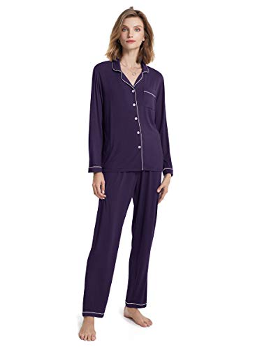 SIORO Womens Pajamas Set Long Sleeve, Button Down Cotton Pj Sets For Women Soft Nightwear,Eggplant With White Piping, Large