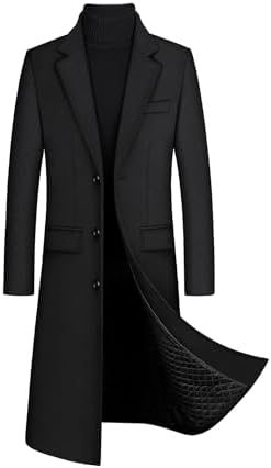 Men's Solid Color Wool Blend Long Jacket Mens Casual Turn Down