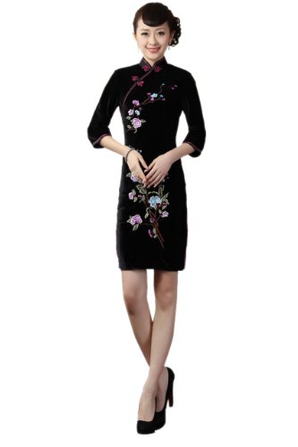 JTC Women's Embroider Velvet Cheongsam Half Sleeve Short Qipao
