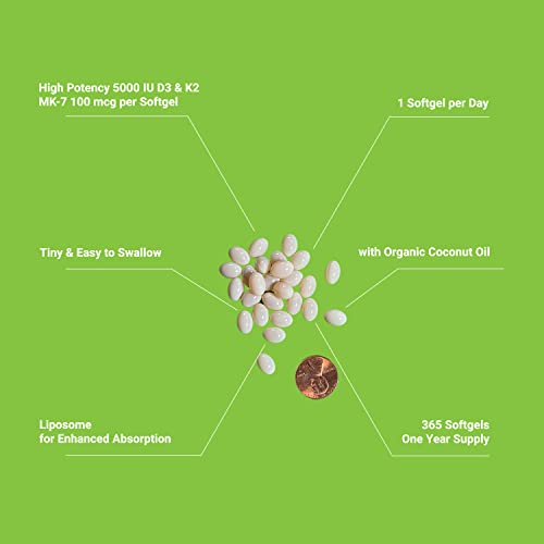 UpNourish Liposomal Vitamin D3 K2 MK7 365 Softgels VIT D3 5000 IU