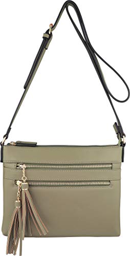 B BRENTANO Vegan Multi-Zipper Crossbody Handbag Purse with Tassel Accents (Martini Olive) - Thumbnail 2