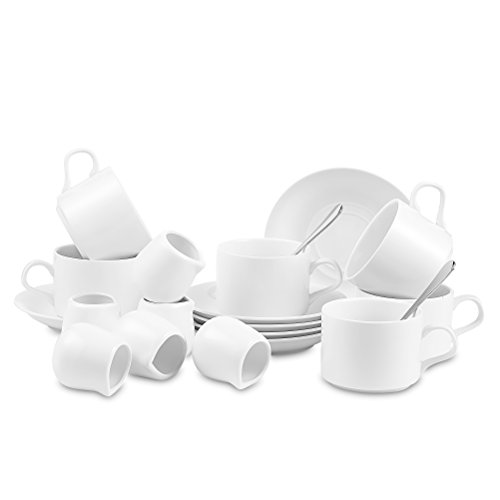 Nucookery White Coffee, Espresso & Tea Cup Saucer Set with Silver Metal Spoon, 6pc Serving Kit(1 Set) - Thumbnail 5