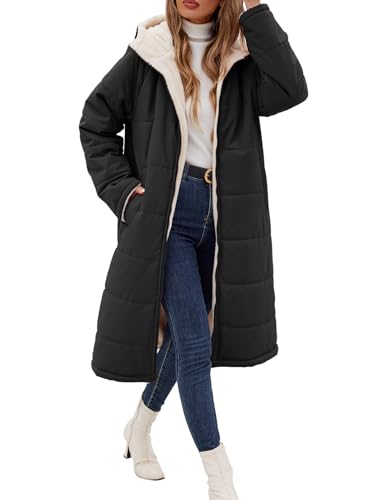 Wiepux Long Womens Winter Coat Fleece Lined Coats Sherpa Quilted Puffer Jackets with Hood Zip Warm Thicken Outwear