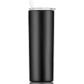 Gteller Double Wall 18/8 Stainless Steel Vacuum slim skinny tumbler with straw and lid, insulated travel mug keeping beverage cold and warm (black, 20oz)