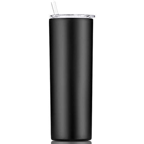 Gteller Double Wall 18/8 Stainless Steel Vacuum Slim Skinny Tumbler with Straw and lid, Insulated Travel Mug Keeping Beverage Cold and Warm (Black, 20oz)