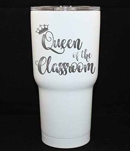 Queen of the Classroom. Personalized Powder Coated Teacher Tumbler. Engraved with Teachers Name on Back. Customize the size, color, and name. Perfect for teacher gift giving.
