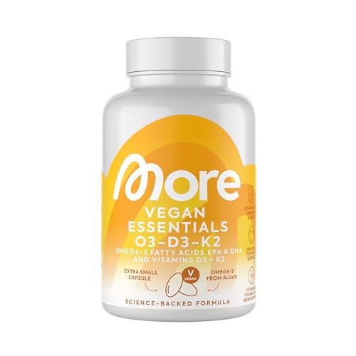 MORE Vegan Essentials O3-D3-K2, 80 Kapseln - Veganes Omega 3 aus Algenöl, mit Vitamin D3 & Vitamin K2, Kapselhülle aus Stärke (Design kann variieren)