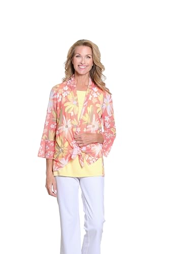 MULTIPLES Women's 3/4 Flounce Sleeve Shawl Collar Tie Front Jacket, Melon Print