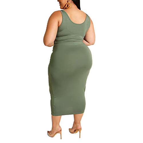 Womens Sexy Plus Size Two Piece Outfits - Floral Print Tank Tops + Belted Summer Bodycon Long Dresses Skirts Set Army Green Solid 3XL