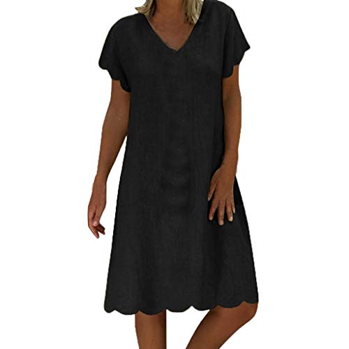 Sengei Women's Simple Cotton Linen Dresses Short Sleeve V-Neck Baggy Shirt Knee Dress Casual Shift Dress Summer Beachwear (M, Black)