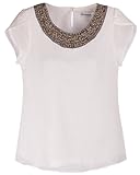 Quality Embellished Bead Collar Ruffle Shoulder Tops T-Shirts Blouse
