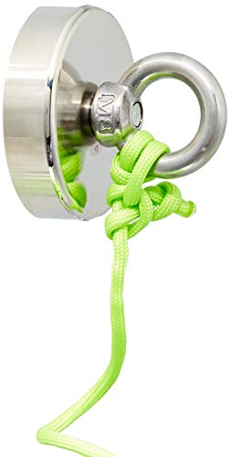 Magnet Fishing Kit "THE GREEN GRABBER" Fully Assembled Super Strong Magnet neodymium Premium 350 lbs force with factory locked eye bolt threads 100 ft of 550 Paracord and Snap Clip for safe attachment