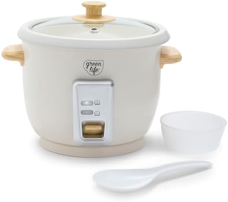 GreenLife Rice Cooker with Removable PFAS-Free Nonstick Pot, 3-Cups Uncooked/6-Cups Cooked, One-Switch Design, Auto Keep Warm Function, Soup, Grains, Oatmeal, Wood Handle, Cream
