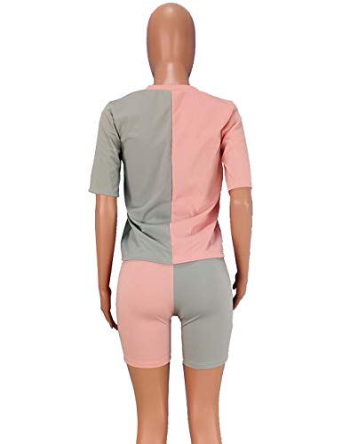 Women 2 Piece Outfits Casual Color Block Short Sleeve Tops Bodycon Shorts Summer Tracksuit Set Pink&Grey L