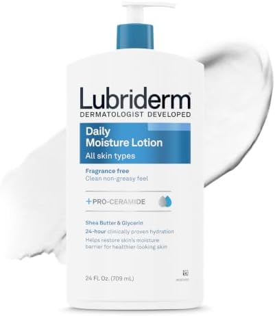 Lubriderm Fragrance Free Daily Moisture Body Lotion + Pro-Ceramide, Unscented Lotion, Body Lotion for Dry Skin, Shea Butter, Glycerin, Non-Greasy 24-Hour Moisturizer, Paraben & Dye Free, 24 Fl Oz