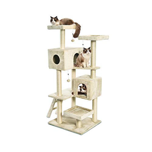 AmazonBasics Extra Large Cat Tree Tower With Dual Condo Cave – 28 x 65 x 24 Inches, Beige