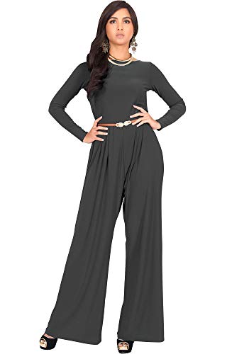 KOH KOH Womens Long Sleeve Sleeves Wide Leg with Belt Formal Elegant Cocktail Party Fall Pant Suit Pants Suits Jumpsuit Jumpsuits Romper Rompers, Dark Gray Grey L 12-14