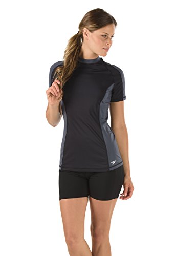 Speedo Women's Solid Short Sleeve Rash Guard Shirt, Medium, Speedo Black