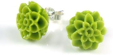 925 Sterling Silver Green Carved Coral Flower Chrysanthemum Stud Earrings