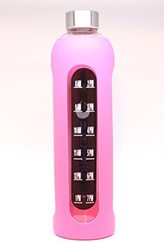 32 Oz Glass Water Bottle Time Marked Reusable Eco Friendly with Silicone Sleeve: BPA Free. Paleo, Whole 30 and Vegan Recommended