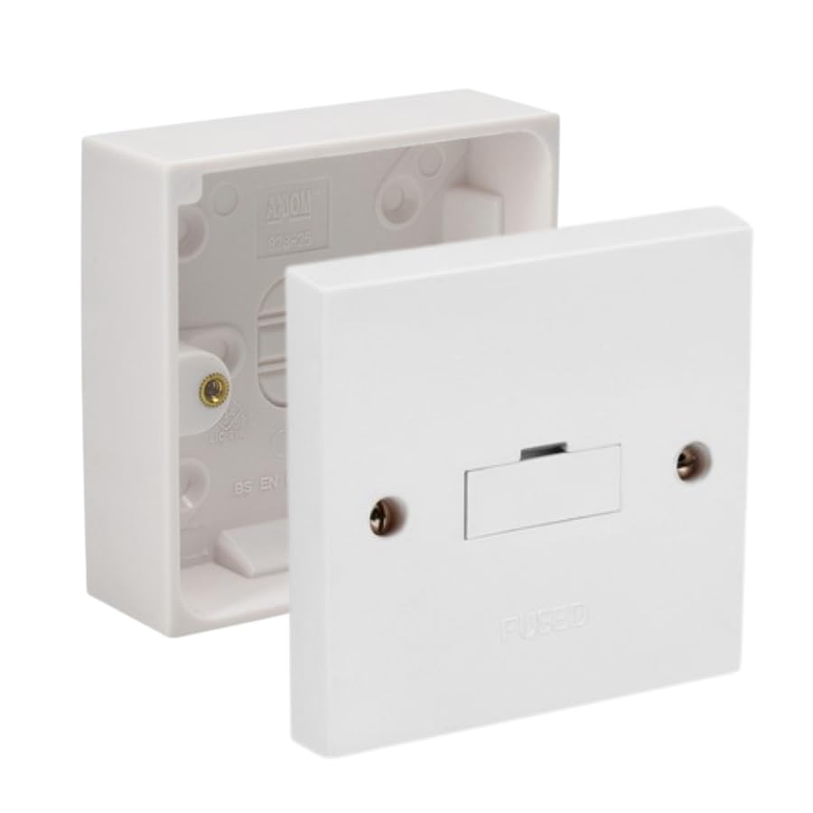 Fused Spur Side Flex 13Amps White Electrical Connection Unit - Optional Neon Indicator, Single 25/35/45mm Pattress Back Box Surface Mounted 1 Gang (Fused Spur SET 25mm Box)