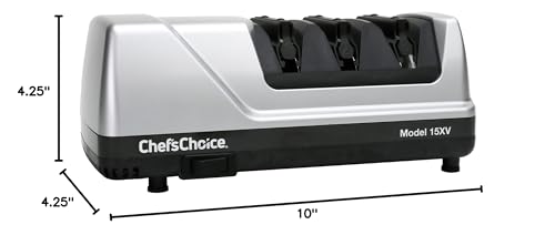 CHEF’SCHOICE 15XV EDGESELECT PROFESSIONAL ELECTRIC KNIFE SHARPENER WITH 100-PERCENT DIAMOND ABRASIVES AND PRECISION ANGLE GUIDES FOR STRAIGHT EDGE AND SERRATED KNIVES, 3-STAGE, GRAY
