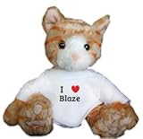 Brown Cat Plush Toy with I Love Blaze t-shirt (first name, last name, nickname)