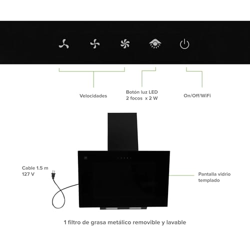 AVERA Campana para cocina de pared 90 cm, Diseño tipo pantalla, 3 velocidades, Filtros de malla metálicosy carbón activado, Acero inoxidable y vidrio templado, Control WIFI y panel digital | CEV90C