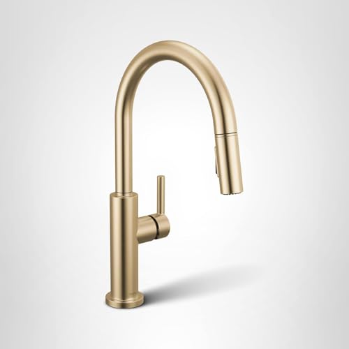 DELTA FAUCET NICOLI KITCHEN FAUCET WITH PULL DOWN SPRAYER, CHAMPAGNE GOLD MODERN, SINGLE HOLE KITCHEN FAUCET, CHAMPAGNE BRONZE 19867LF-CZ