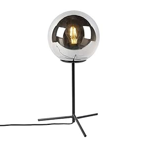 QAZQA – Art Deco Art deco tafellamp zwart met smoke glas 45,5 cm – Pallon | Woonkamer | Slaapkamer | Keuken – Glas Bol…