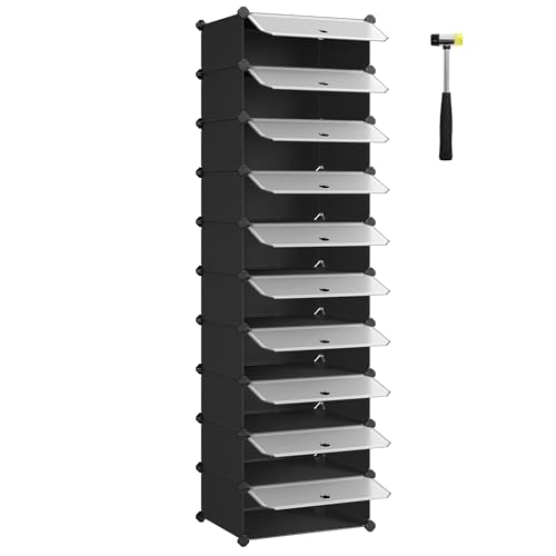 SONGMICS Zapatero Modular con 10 Compartimentos, Estantería Modular de Plástico, Bricolaje, con Puerta, con Martillo, Negro MLPC10H