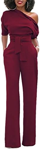 ONLYSHE Women's Elegant One Shoulder Wide Leg Boot Cut Jumpsuit with Belt Wine Red Small
