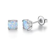 GEMSME Created white Opal 6mm cushion Stud Earrings