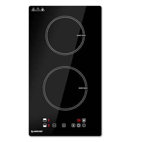 AMZCHEF Induction hob 2 burners with continuous heating, 10 power levels and boost, safety lock and timer, overheat protection, recessed / portable, 3700W