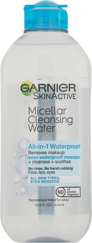 Garnier Micellar Water For Waterproof Makeup, Hydrating Facial Cleanser & Makeup Remover, Suitable for Sensitive Skin, Vegan, Cruelty Free, 13.5 Fl Oz (400mL), 1 Count