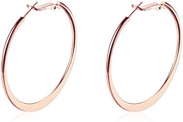 Hoop Earrings for Women, 18K Rose Gold Plated Stainless Steel Flattened Hoop Earrings for Sensitive Ears (2.0inch, 50mm Diameter)
