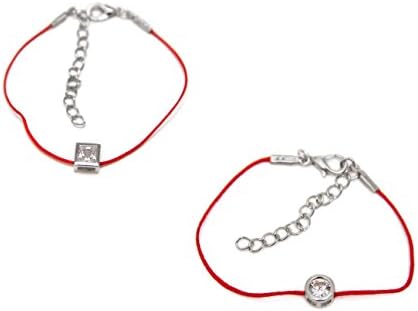 Pack of 2. Sterling Silver Charm Red String Cord Bracelet Wristband. (Silver Square/Silver Round)