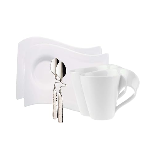 Villeroy & Boch NewWave Set Caffè, Servizio per Cappuccino, Tazzina, Piattino, per 2 Persone, Lavabile in Lavastoviglie, Acciaio Inox, 6 Pezzi