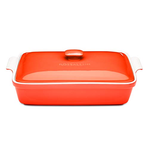 Rossallini Stoneware Casserole Dish Bakeware Set with Lid, Covered Rectangular Dinnerware, Large 4 Quart, 13 by 9 Inch, Rosso [Red]