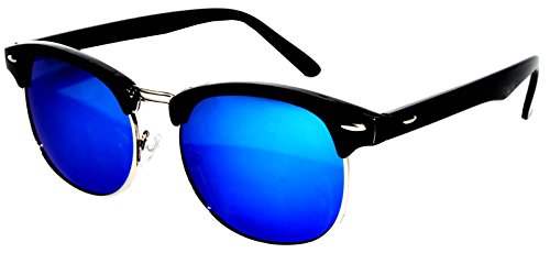 Vintage Sunglasses Black Metal Half Frame mirror blue lens