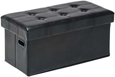 Faux Leather Folding Storage Ottoman,Footstool ,Button-Tufted Pattern,Black